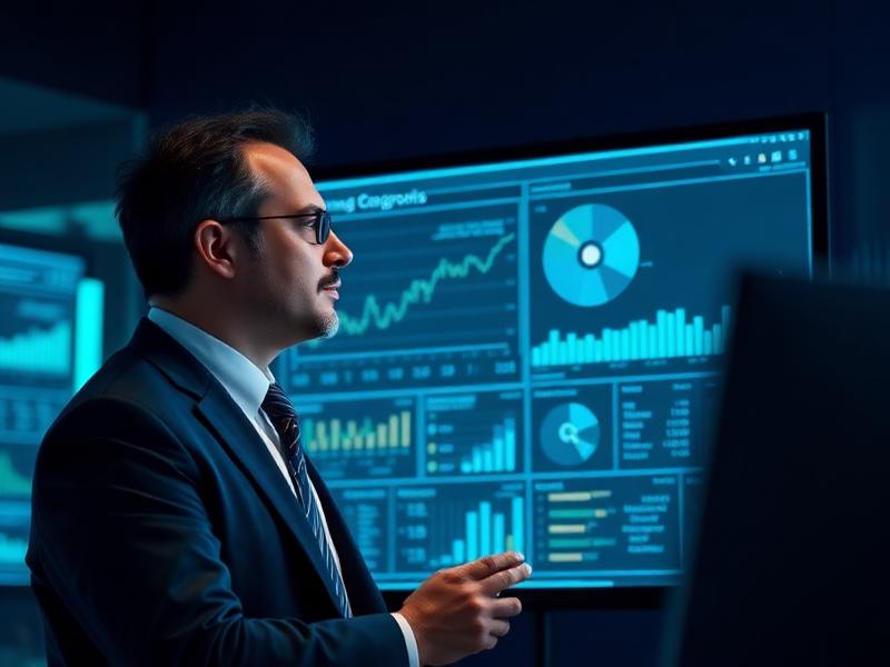Consultor analisando indicadores de desempenho da empresa em painel de dados